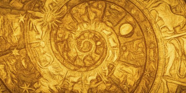 Astrological zodiac background. Vintage illustration art, grunge design. Concept of destiny, fortune, esoteric, magic, mysterious