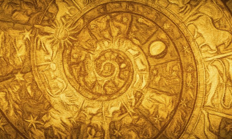 Astrological zodiac background. Vintage illustration art, grunge design. Concept of destiny, fortune, esoteric, magic, mysterious